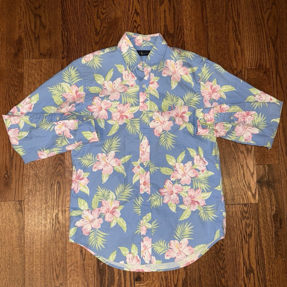 Polo Ralph Lauren Long Sleeve Button‎ Down Oxford Men's Small Blue Plaid Floral - Picture 2 of 5